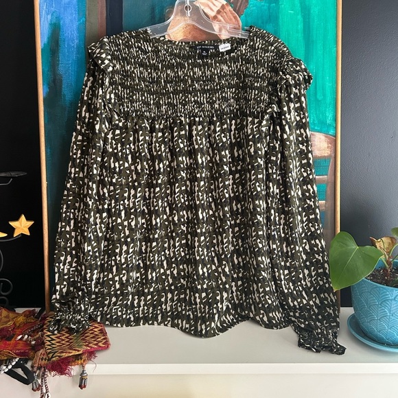 Zac & Rachel Green and Cream Smocked Blouse XL - Picture 1 of 16